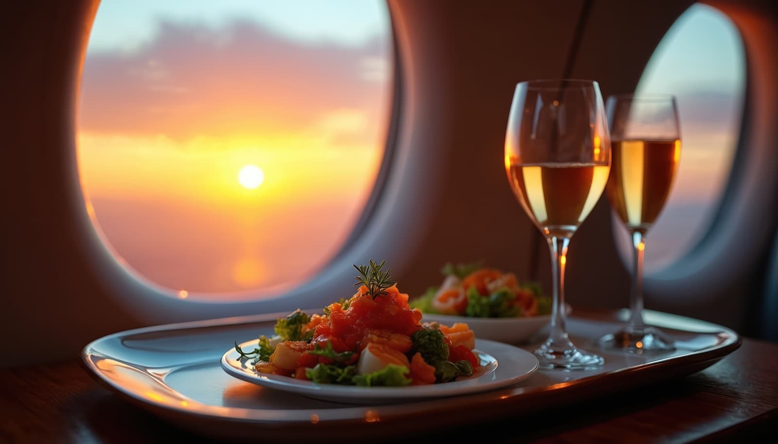 Fine dining with wine at a private aircraft cabin window