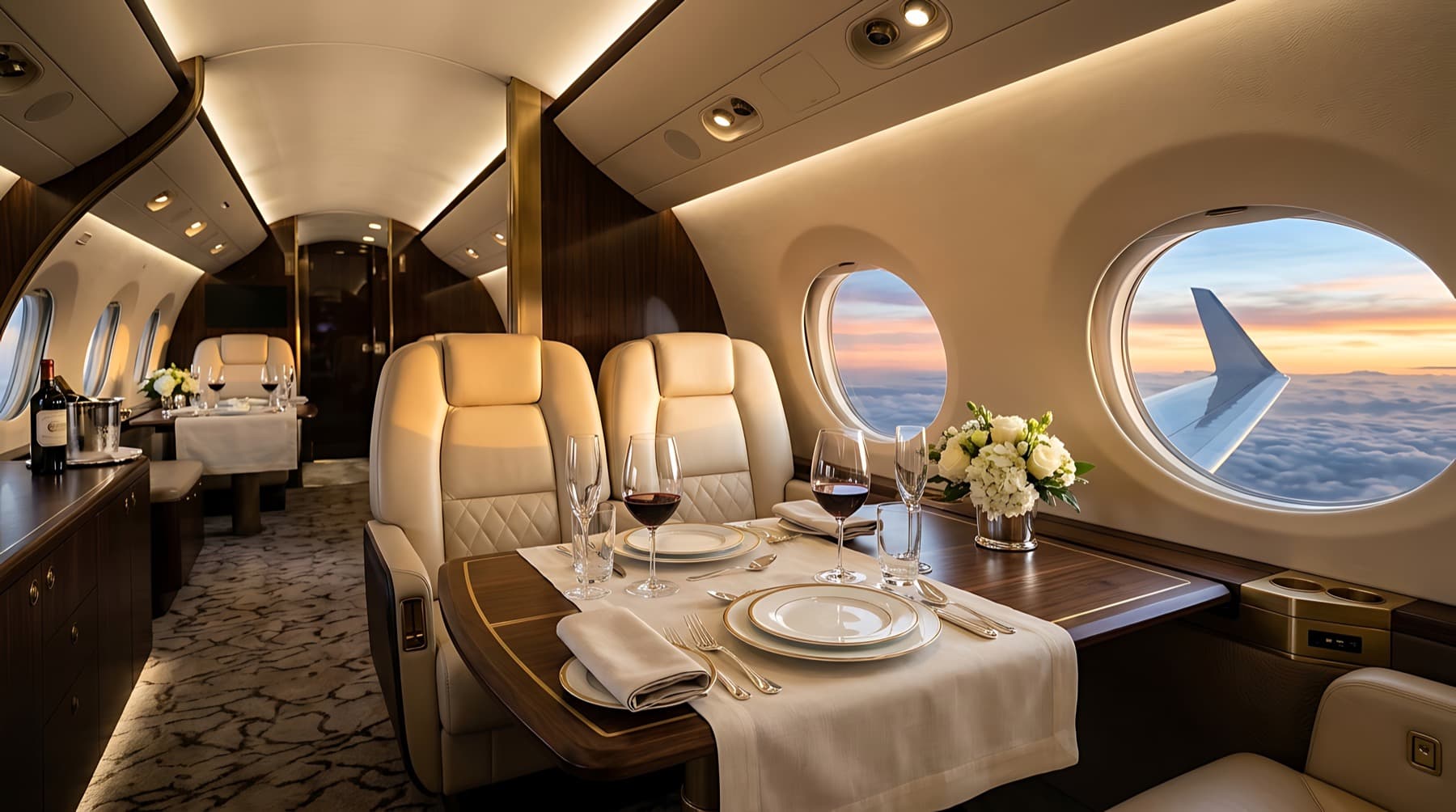 Private jet cabin interior at sunset